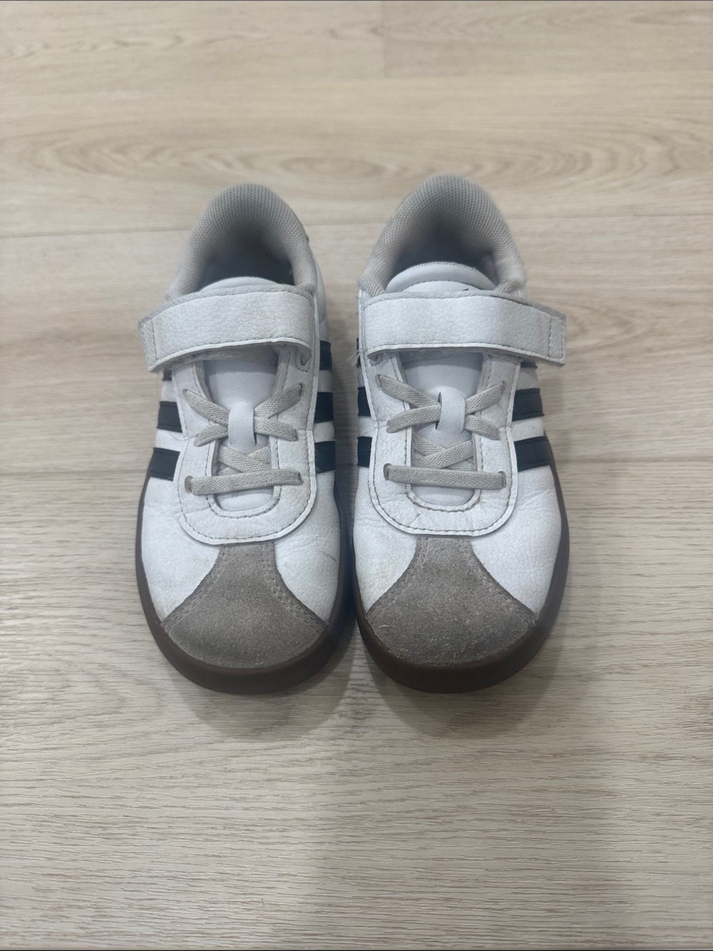 Adidas Kids White Sneakers with Black Stripes and Suede Toe